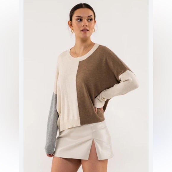 WORKSHOP Cream and Brown color block crew neck sweater size M - Picture 1 of 14
